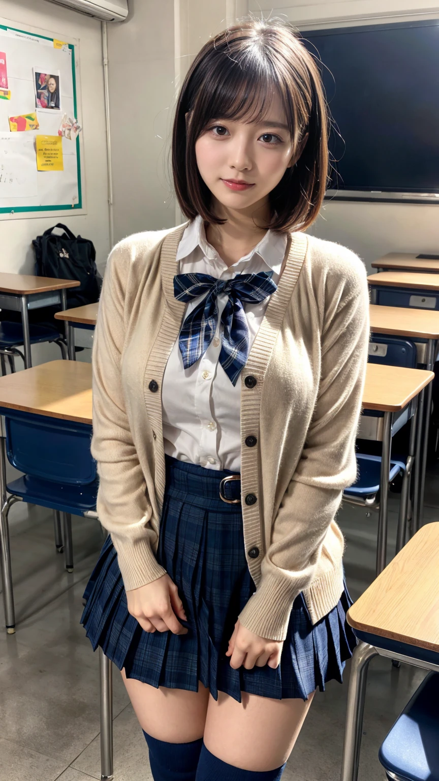 masterpiece, best quality, illustration, Super detailed, fine details, High resolution, 8K,wall paper, perfect dynamic composition,(Details High quality, realistic depiction of eyes:1.3), High School Classroom、High school girl uniform、Cardigan、Super Short Check Uniform Skirt、Navy blue high socks、garterbelts、Colossal tits、Disturbed uniform、short bob hair, black hair color, Big Natural Color Lip, bold sexy pose, (perfect body shape), crying a little、Harajuku style、20 year old girl、cute type, beautiful legs, hposing Gravure Idol, Voluptuous thighs