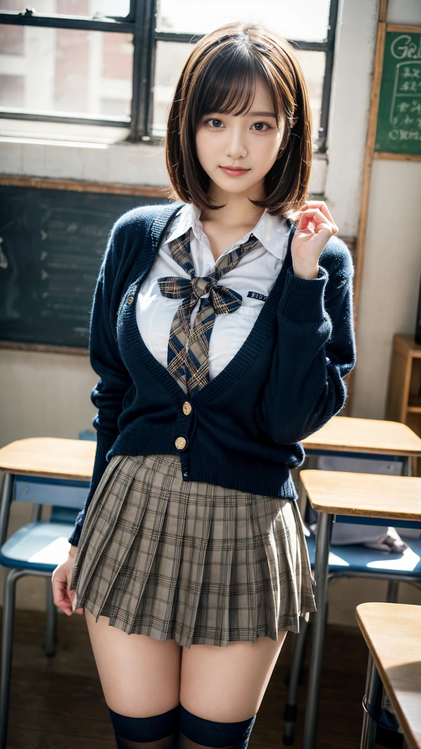 masterpiece, best quality, illustration, Super detailed, fine details, High resolution, 8K,wall paper, perfect dynamic composition,(Details High quality, realistic depiction of eyes:1.3), High School Classroom、High school girl uniform、Cardigan、Super Short Check Uniform Skirt、Navy blue high socks、garterbelts、Colossal tits、Disturbed uniform、short bob hair, black hair color, Big Natural Color Lip, bold sexy pose, (perfect body shape), crying a little、Harajuku style、20 year old girl、cute type, beautiful legs, hposing Gravure Idol, Voluptuous thighs