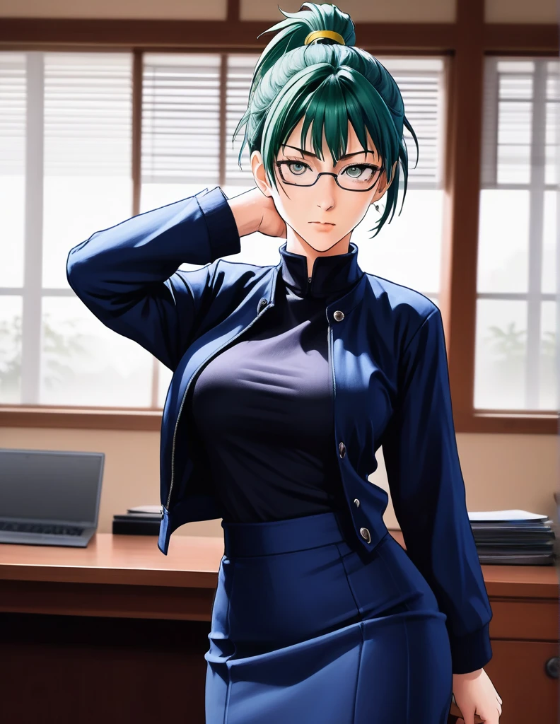 score_9, score_8_up, score_7_up, source_anime,
MakiZenin, Maki Zenin, green ponytail hair, glasses, yellow eyes,
blue tight skirt, blue tight jacket, jujutsu kaisen uniform,
indoors, dojo, seductive pose,
solo, looking at viewer, 