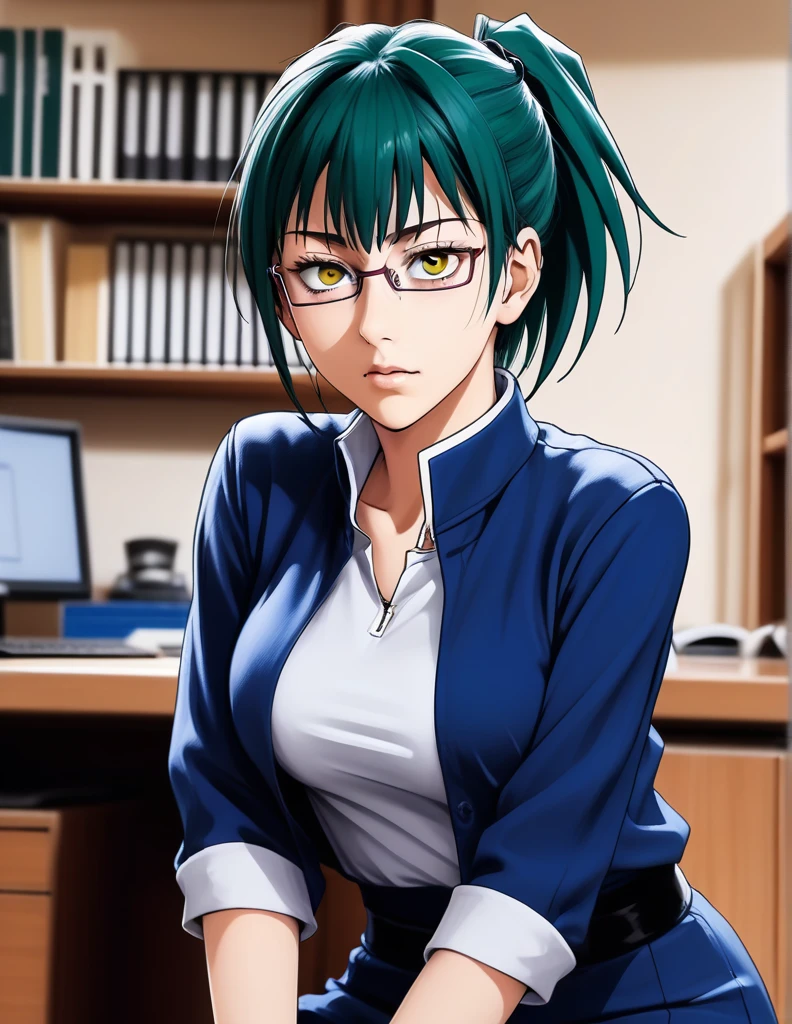 score_9, score_8_up, score_7_up, source_anime,
MakiZenin, Maki Zenin, green ponytail hair, glasses, yellow eyes,
blue tight skirt, blue tight jacket, jujutsu kaisen uniform,
indoors, dojo, seductive pose,
solo, looking at viewer, 