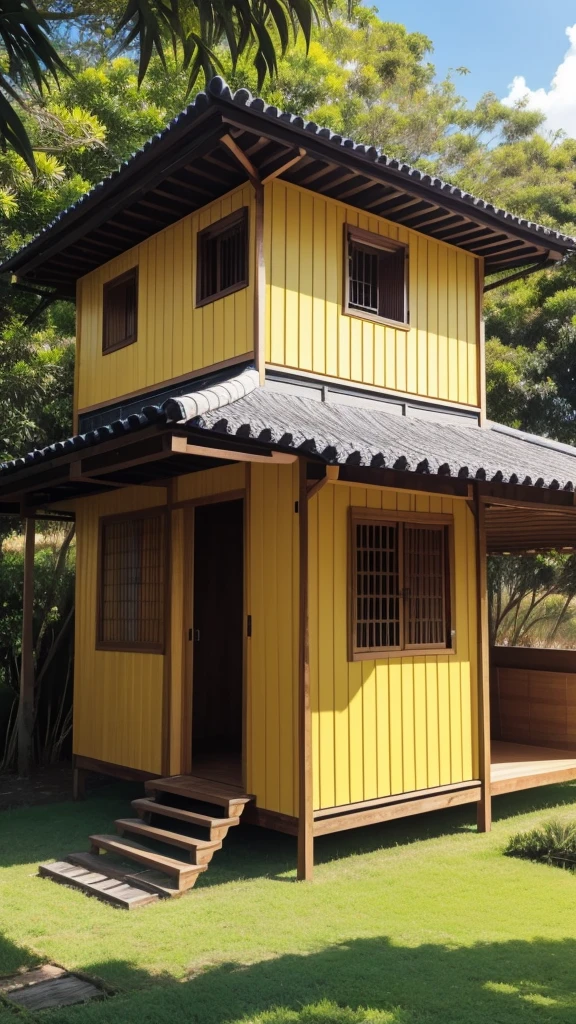 Yellow oitao wooden house with grass and açaí trees