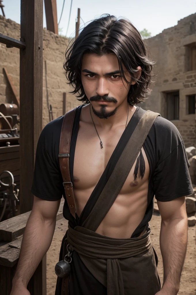 Blacksmith Vit, 18 years old, short black hair with a goatee mustache and with a serious look and a little middle age dark circles under the eyes, I have scars on my arm
