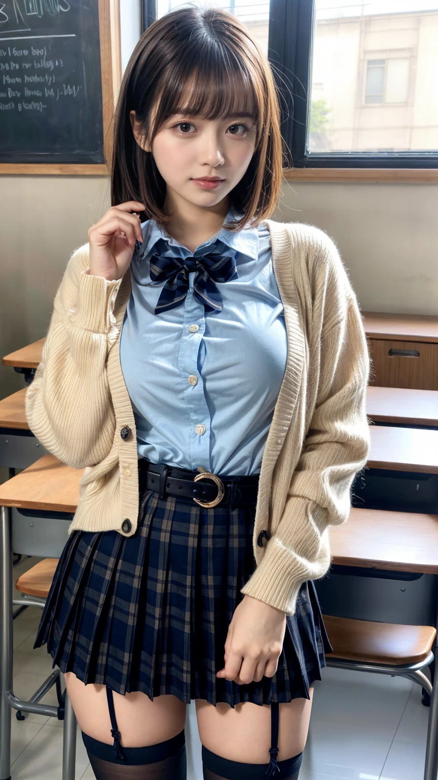 masterpiece, best quality, illustration, Super detailed, fine details, High resolution, 8K,wall paper, perfect dynamic composition,(Details High quality, realistic depiction of eyes:1.3), High School Classroom、High school girl uniform、Cardigan、Super Short Check Uniform Skirt、Navy blue high socks、garterbelts、Colossal tits、Disturbed uniform、short bob hair, black hair color, Big Natural Color Lip, bold sexy pose, (perfect body shape), crying a little、Harajuku style、20 year old girl、cute type, beautiful legs, hposing Gravure Idol, Voluptuous thighs