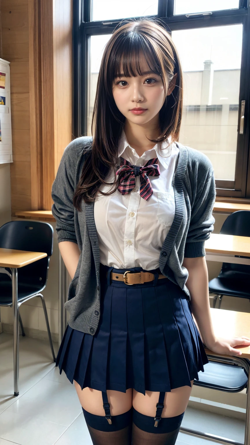 masterpiece, best quality, illustration, Super detailed, fine details, High resolution, 8K,wall paper, perfect dynamic composition,(Details High quality, realistic depiction of eyes:1.3), High School Classroom、High school girl uniform、Cardigan、Super Short Check Uniform Skirt、Navy blue high socks、garterbelts、Colossal tits、Disturbed uniform、short bob hair, black hair color, Big Natural Color Lip, bold sexy pose, (perfect body shape), crying a little、Harajuku style、20 year old girl、cute type, beautiful legs, hposing Gravure Idol, Voluptuous thighs