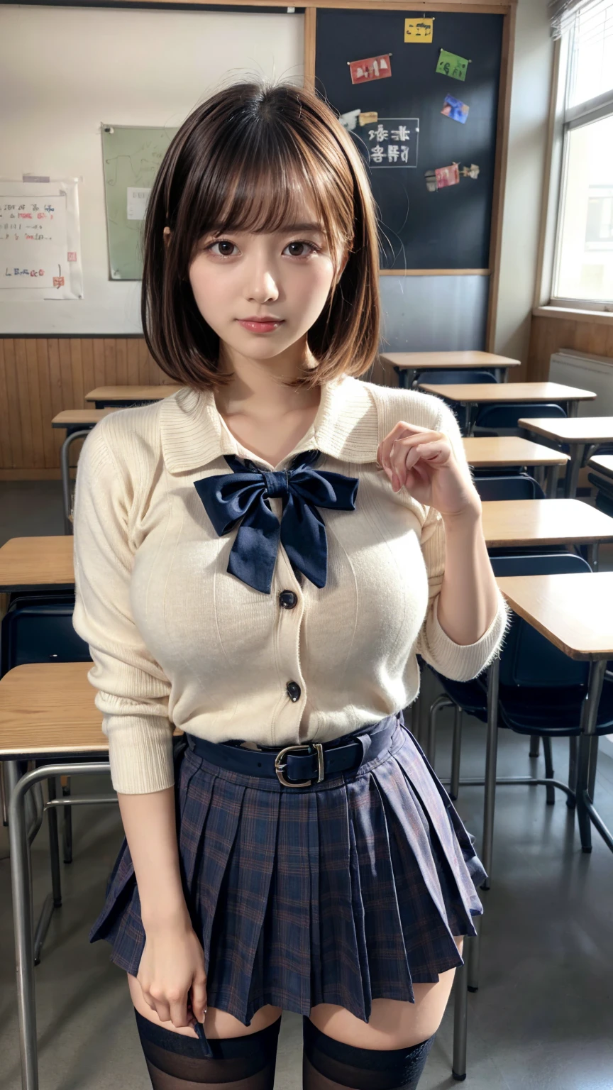 masterpiece, best quality, illustration, Super detailed, fine details, High resolution, 8K,wall paper, perfect dynamic composition,(Details High quality, realistic depiction of eyes:1.3), High School Classroom、High school girl uniform、Cardigan、Super Short Check Uniform Skirt、Navy blue high socks、garterbelts、Colossal tits、Disturbed uniform、short bob hair, black hair color, Big Natural Color Lip, bold sexy pose, (perfect body shape), crying a little、Harajuku style、20 year old girl、cute type, beautiful legs, hposing Gravure Idol, Voluptuous thighs