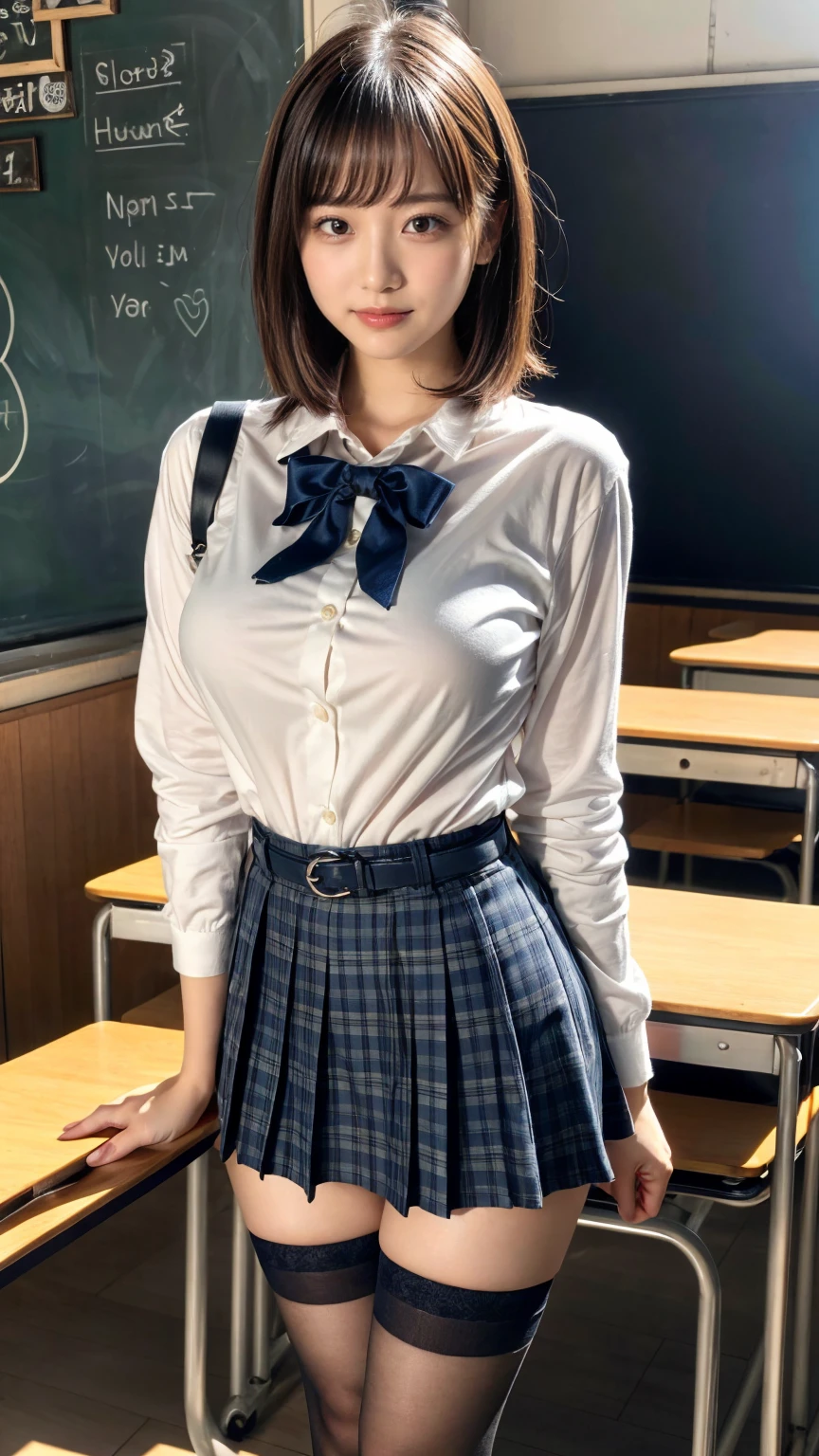 masterpiece, best quality, illustration, Super detailed, fine details, High resolution, 8K,wall paper, perfect dynamic composition,(Details High quality, realistic depiction of eyes:1.3), (white school shirt :1.2), (plaid skirt :1.3), tie black, black thigh-high stockings, standing, open legs, short bob hair, in a classroom, blackboard in the background, deep on field, large breasts, black hair color, Big Natural Color Lip, (perfect body shape), crying a little、Harajuku style、30 year old girl、cute type、lolita、beautiful legs, Gravure Idol