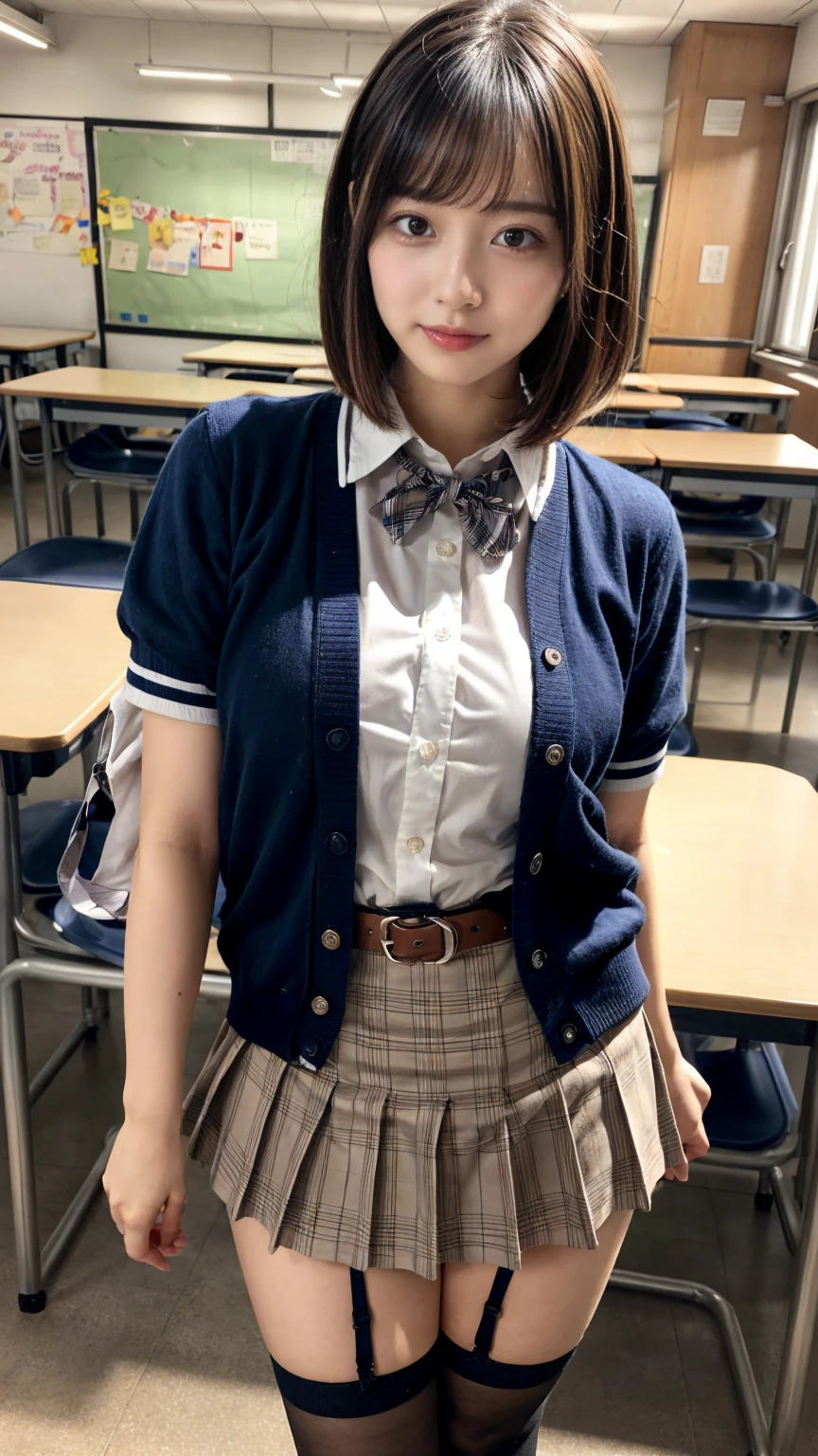 masterpiece, best quality, illustration, Super detailed, fine details, High resolution, 8K,wall paper, perfect dynamic composition,(Details High quality, realistic depiction of eyes:1.3), High School Classroom、High school girl uniform、Cardigan、Super Short Check Uniform Skirt、Navy blue high socks、garterbelts、Colossal tits、Disturbed uniform、short bob hair, black hair color, Big Natural Color Lip, bold sexy pose, (perfect body shape), crying a little、Harajuku style、20 year old girl、cute type, beautiful legs, hposing Gravure Idol, Voluptuous thighs