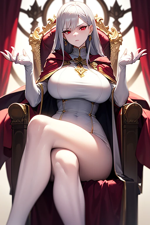 masterpiece, extra limbs, 1vampire lady, 250 years old,((light silver extra long hair)), slant blank ruby red eyes, big breasts, curvy,(pale white finely detailed skin), (serious),(((clothed elegant dress))),hair ornaments,earrings,cape,Grimoire,crossed legs,sitting on throne,old castle,midnight