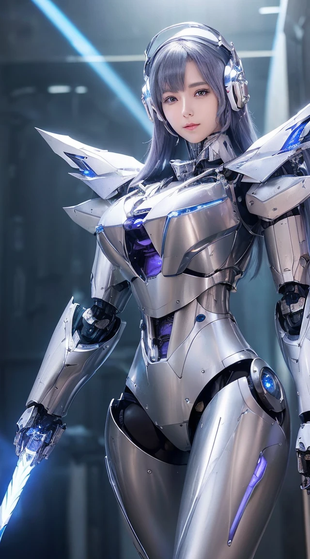 ((Intense action pose:1.6))、((Shining lenses on both breasts:1.3))、((Blue pillars of light are emanating from both chests.:1.3))、smile、((8K)), ((32k)), ((Highest quality)), ((masterpiece)), ((超A high resolution)), ((Tmasterpiece)), ((Halation:1.4))、((Mechaニカルheadgear:1.2))、((Cyber Headphones:1.3))、Fine skin, High quality fabric, Fine metal texture、((Beautiful and dense face))、RAW Photos、Professional, Ultra-fine painting, ((alone)), Beautiful breasts、Highest quality, Very detailed, Very detailed詳細, Finer details, so beautiful, ((Princess Knight Robot:1.2)), (Joints of machines, Mechanical Limbs:1.3), (The internal structure of the machine is exposed:1.3), (Long silver hair:1.1), (Beautiful and huge mechanical breasts)、White Veil, cowboy_shot, Side Focus, headgear, Shiny、(Five Fingers, Four fingers and thumb),Concept Art, Anime fantasy artwork, Detailed fantasy art, (with pale blue-violet hair and large white wings,,,,,,,), (((Long silver hair))), (Mecha:1.6)、Sleek and intimidating design, ((Commander-in-Chief'arm)), (Perfect robot body)、純白と青紫armまたは, Symmetrical wings, 8K high quality, detailed art, 3D rendering of character art in 8K, neat legs, Defined, Defined fingers,
