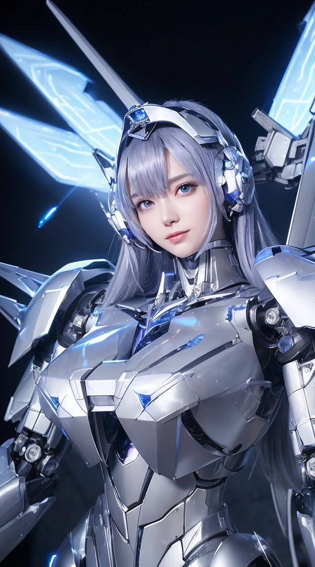 ((Intense action pose:1.6))、((Shining lenses on both breasts:1.3))、((Blue pillars of light are emanating from both chests.:1.3))、smile、((8K)), ((32k)), ((Highest quality)), ((masterpiece)), ((超A high resolution)), ((Tmasterpiece)), ((Halation:1.4))、((Mechaニカルheadgear:1.2))、((Cyber Headphones:1.3))、Fine skin, High quality fabric, Fine metal texture、((Beautiful and dense face))、RAW Photos、Professional, Ultra-fine painting, ((alone)), Beautiful breasts、Highest quality, Very detailed, Very detailed詳細, Finer details, so beautiful, ((Princess Knight Robot:1.2)),  (Joints of machines, Mechanical Limbs:1.3), (The internal structure of the machine is exposed:1.3), (Long silver hair:1.1), (Beautiful and huge mechanical breasts)、White Veil, cowboy_shot, Side Focus, headgear, Shiny、(Five Fingers, Four fingers and thumb),Concept Art, Anime fantasy artwork, Detailed fantasy art, (with pale blue-violet hair and large white wings,,,,,,,), (((Long silver hair))), (Mecha:1.6)、Sleek and intimidating design, ((Commander-in-Chief&#39;arm)), (Perfect robot body)、純白と青紫armまたは, Symmetrical wings, 8K high quality, detailed art, 3D rendering of character art in 8K, neat legs, Defined, Defined fingers,