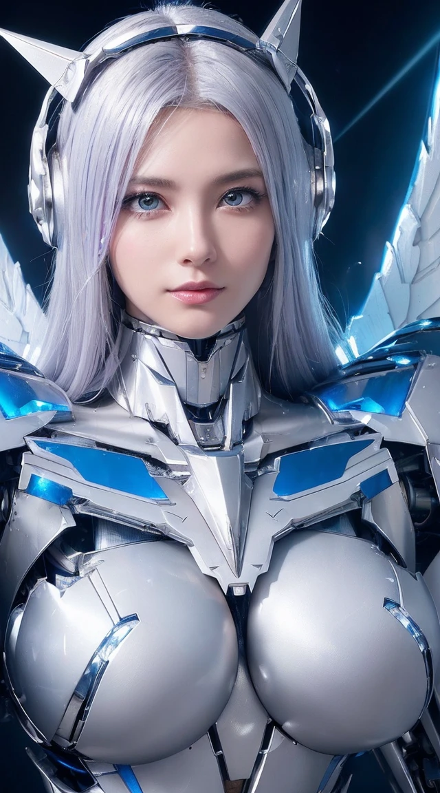 ((Extreme close up:1.6))、(((Lenses shining on both breasts:1.3)))、((A blue pillar of light emanates from both of his chests..:1.3))、break、(((Dynamic pose:1.8)))、smile、((8K)), ((32k)), ((Highest quality)), ((masterpiece)), ((超A high resolution)), ((Tmasterpiece)), ((Halation:1.4))、((Mechaニカルheadgear:1.2))、((Cyber Headphones:1.3))Fine skin, High quality fabric, High-quality metal texture、((Beautiful and dense face))、RAW Photos、Professional, Ultra-fine painting, ((alone)), Beautiful breasts、Highest quality, Very detailed, Very detailed詳細, Finer details, so beautiful, ((Princess Knight Robot:1.2)), (Joint of the machine, Mechanical Limbs:1.3), (The internal structure of the machine is exposed:1.3), (Long silver hair:1.1), (Beautiful and huge mechanical breasts)、White Veil, cowboy_shot, Side Focus, headgear, Shiny、(Five Fingers, Four fingers and thumb),Concept Art, Anime fantasy artwork, Detailed fantasy art, (with pale blue-violet hair and large white wings,,,,,,,,), (((Long silver hair))), (Mecha:1.6)、Sleek and intimidating design, ((Commander-in-Chief'arm)), (Perfect robot body)、純白と青紫のarmまたは, Symmetrical wings, 8K High Resolution, Detailed Art, 3D rendering of character art in 8K, neat legs, Defined, Defined fingers,((headshot:1.3))