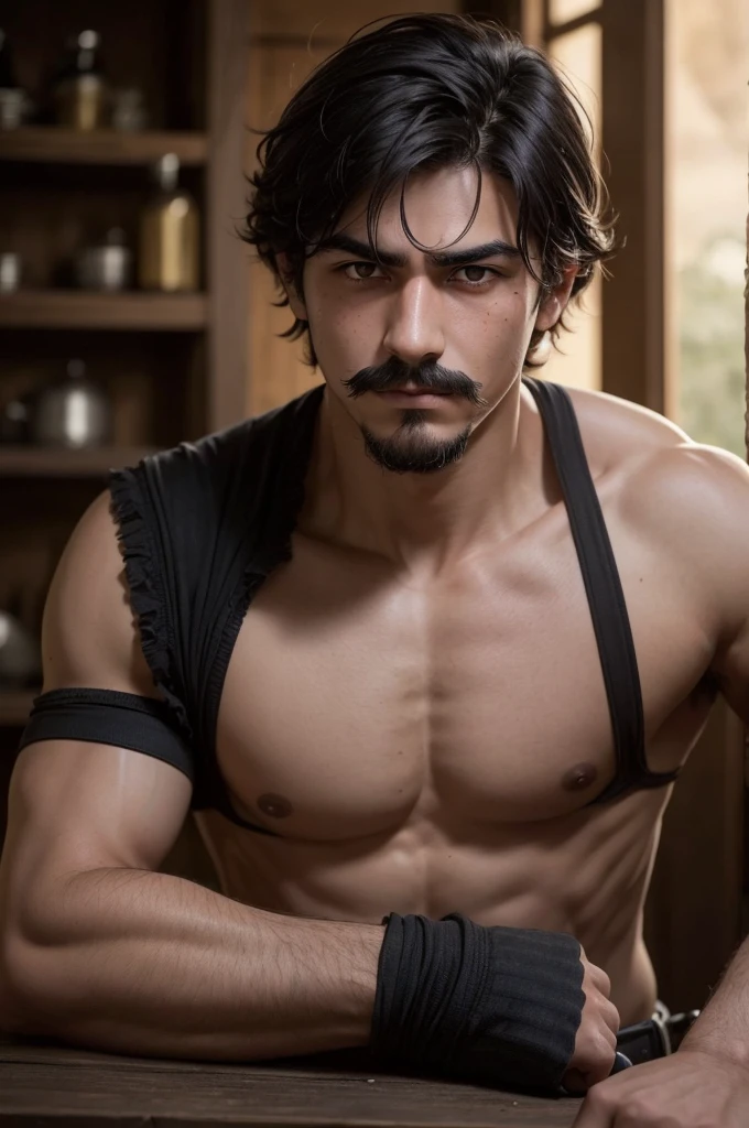 Blacksmith Vit, 18 years old, short black hair with a goatee mustache and with a serious look and a little middle age dark circles under the eyes, I have scars on my arm