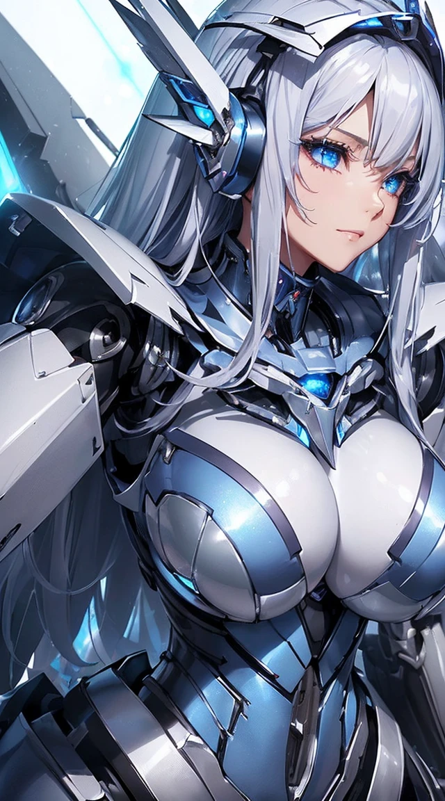 ((Extreme close up:1.6))、(((Lenses shining on both breasts:1.3)))、((A blue pillar of light emanates from both of his chests..:1.3))、break、(((Dynamic pose:1.8)))、smile、((8K)), ((32k)), ((Highest quality)), ((masterpiece)), ((超A high resolution)), ((Tmasterpiece)), ((Halation:1.4))、((Mechaニカルheadgear:1.2))、((Cyber Headphones:1.3))Fine skin, High quality fabric, High-quality metal texture、((Beautiful and dense face))、RAW Photos、Professional, Ultra-fine painting, ((alone)), Beautiful breasts、Highest quality, Very detailed, Very detailed詳細, Finer details, so beautiful, ((Princess Knight Robot:1.2)), (Joint of the machine, Mechanical Limbs:1.3), (The internal structure of the machine is exposed:1.3), (Long silver hair:1.1), (Beautiful and huge mechanical breasts)、White Veil, cowboy_shot, Side Focus, headgear, Shiny、(Five Fingers, Four fingers and thumb),Concept Art, Anime fantasy artwork, Detailed fantasy art, (with pale blue-violet hair and large white wings,,,,,,,,), (((Long silver hair))), (Mecha:1.6)、Sleek and intimidating design, ((Commander-in-Chief'arm)), (Perfect robot body)、純白と青紫のarmまたは, Symmetrical wings, 8K High Resolution, Detailed Art, 3D rendering of character art in 8K, neat legs, Defined, Defined fingers,((headshot:1.3))