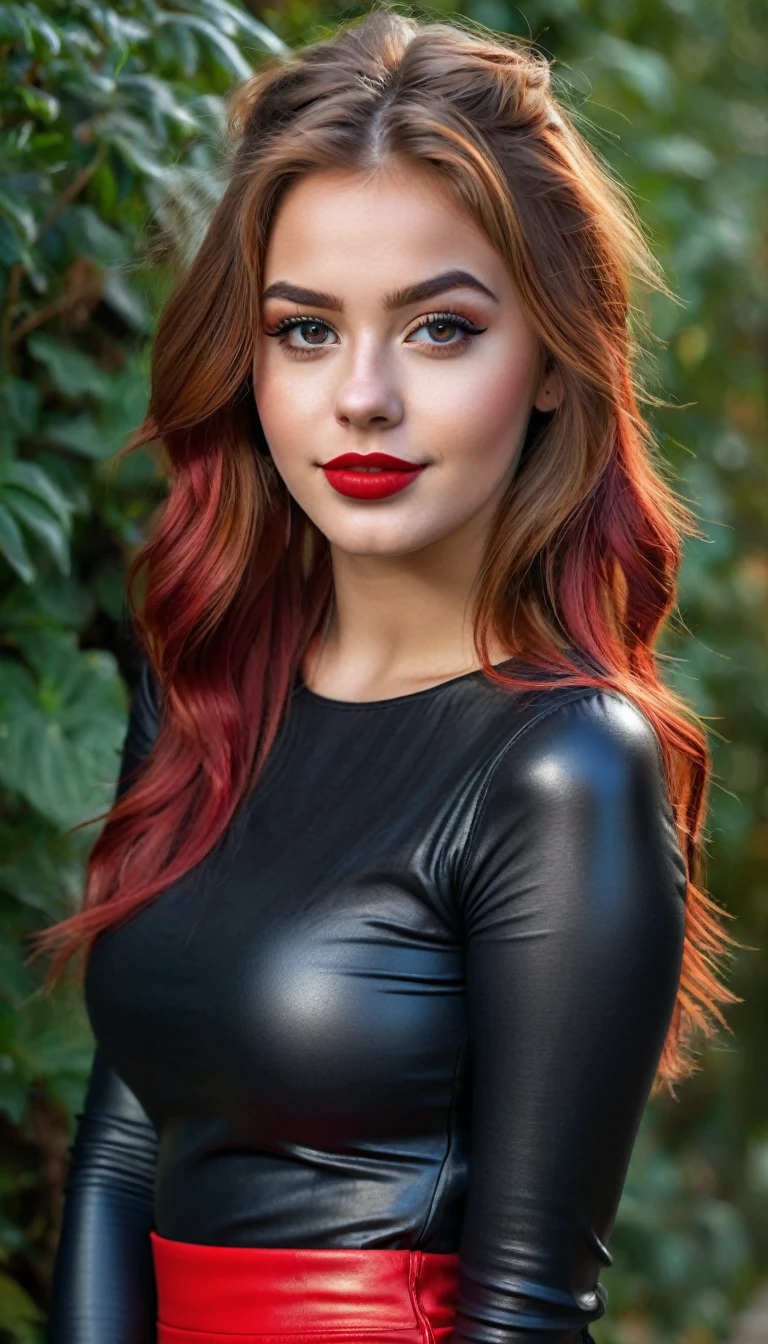 ultrarealistic high quality full body photo of a beautiful super busty slim european 19-year-old woman with cute hyperdetailed serious face and redhead shoulder length messy hair and shy smile, realistic round black eyes, red lips, dark eye makeup with eyeliner, wearing bodycon longsleeve and faux leather leggins, hourglass body, tanned, outdoor photography