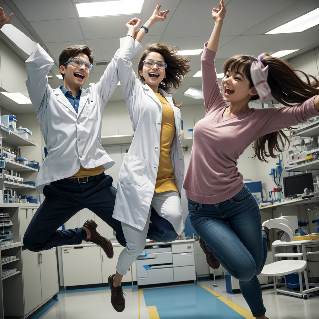 Male and female Scientists in lab are happy and jumping  as they achieve success and dancing too in the hall