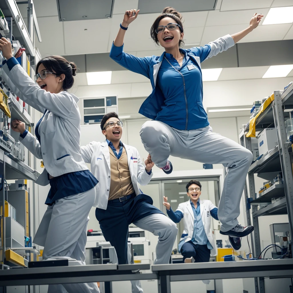 Male and female Scientists in lab are happy and jumping  as they achieve success and dancing too in the hall