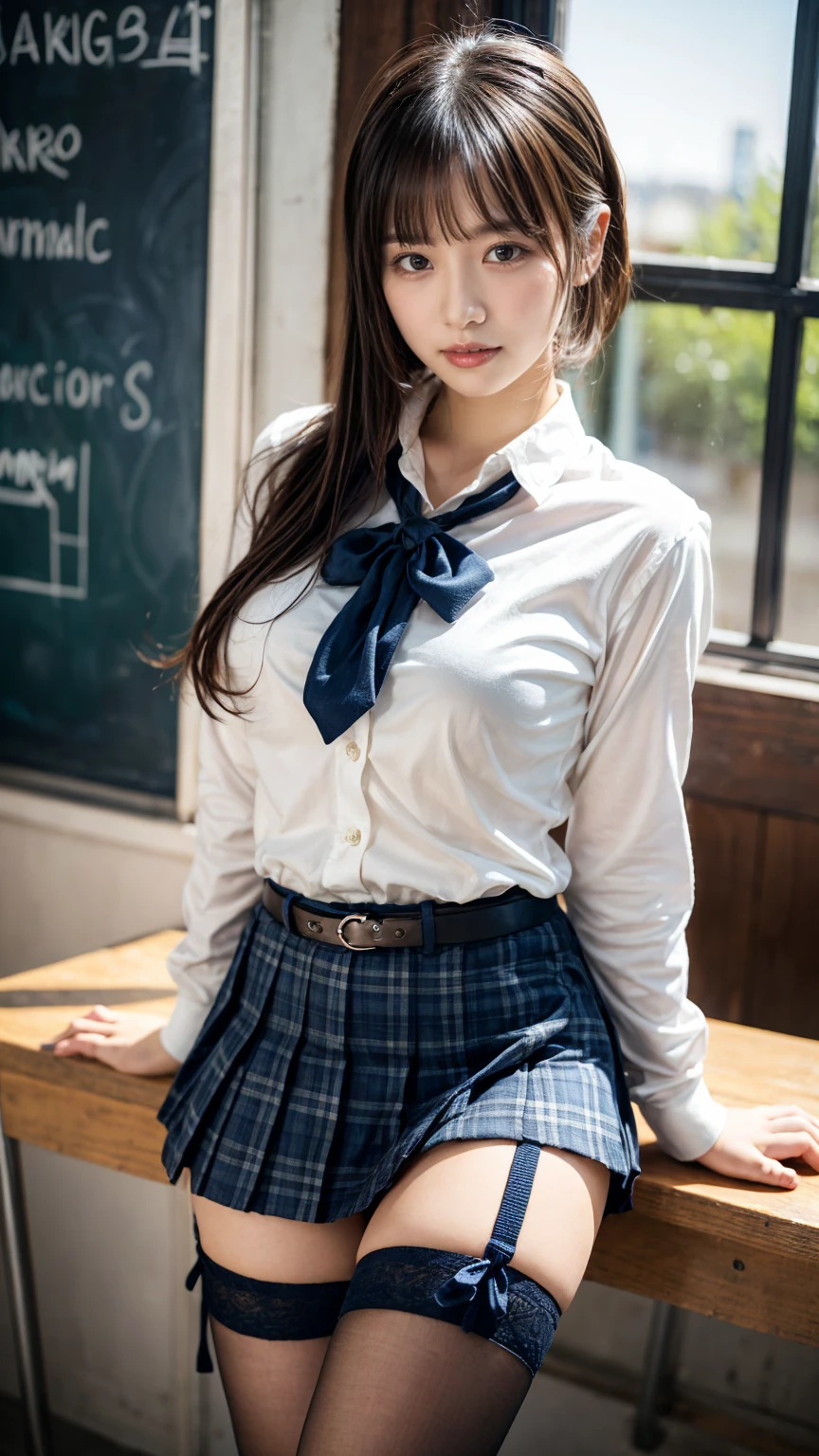 masterpiece, best quality, illustration, Super detailed, fine details, High resolution, 8K,wall paper, perfect dynamic composition,(Details High quality, realistic depiction of eyes:1.3), High School Classroom、High school girl uniform、Cardigan、Super Short Check Uniform Skirt、Navy blue high socks、garterbelts、Colossal tits、Disturbed uniform、short hair, (updo), black hair color, Big Natural Color Lip, bold sexy pose, (perfect body shape), crying a little、Harajuku style、20 year old girl、cute type, beautiful legs, hposing Gravure Idol, Voluptuous thighs