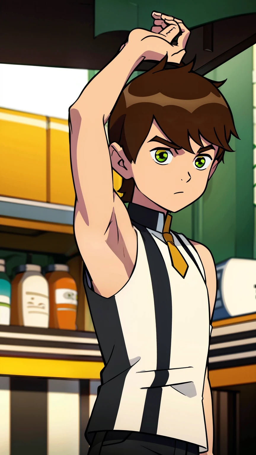 Highres, Masterpiece, Best quality at best,Best Quality,hight quality, hight detailed, boy, 1boy, bentennyson, Green eye, Brown hair, short body, uppe body, Sleeveless vest, Tie, bare shoulder, seen from the front, look at viewer, (Showing armpit:1.3), cafe, Blurry beckground, Uhd, bokeh