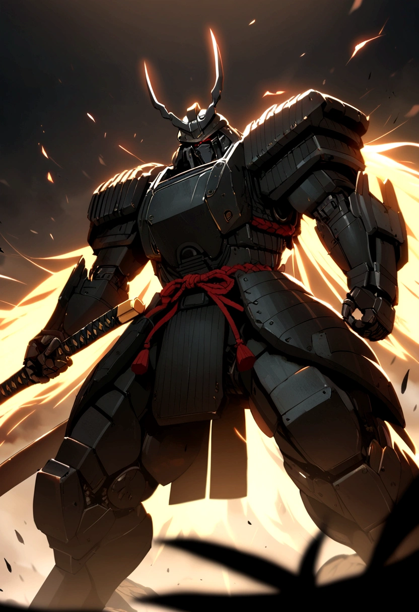 A large and strongly built samurai robot with two huge katanas