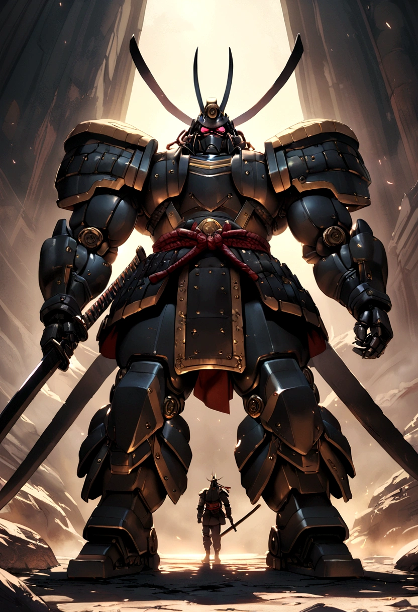 A large and strongly built samurai robot with two huge katanas