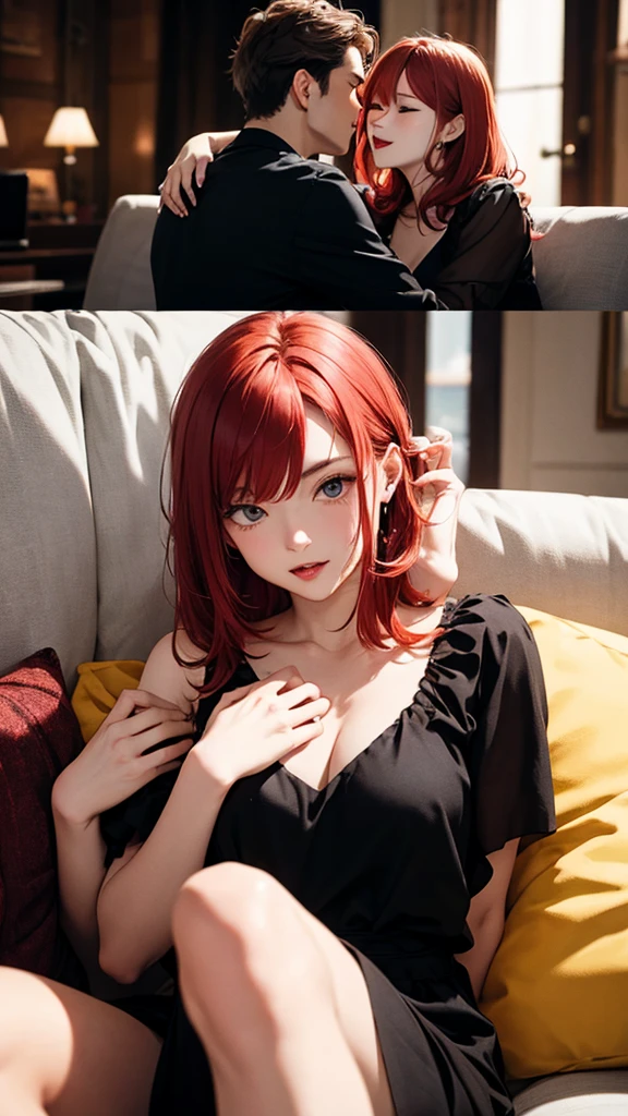 highest quality、4K quality、Man Attacking、Red-haired woman in a dress sitting on a sofa、slender、Small face、20-year-old、A man caresses a woman's chest