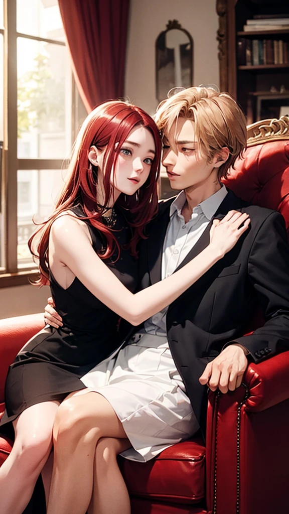 highest quality、4K quality、Man Attacking、Red-haired woman in a dress sitting on a sofa、slender、Small face、20-year-old、A man caresses a woman's chest