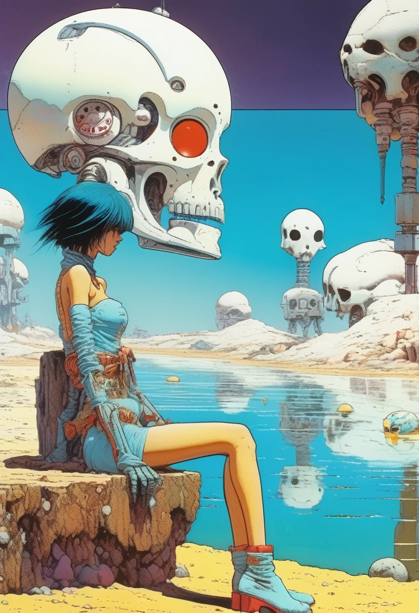 Mobis (Jean Giraud) Style - A picture by Jean Giraud Mobis, The picture shows a robot girl resting by the water, Huge white skull background，western backdrop in Mobis' signature style with sharp detailing and vibrant colors. Shot with Panavision Panaflex Gold II and Ultra Panavision 70 lenses, The image is full of film grain and low-key lighting，It creates a mysterious and tense atmosphere.