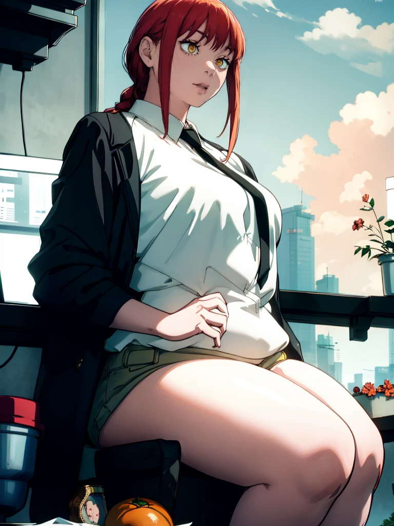 Le personnage Makima de la série animée Chainsaw Man, fragile, obésité morbide, ssbbw, pleine longueur (corps entier 1.1.), fond sombre, obscurité, anatomie correcte 1.1, anatomie correcte de la main, Très féminin, corps gras et rond, grosses Jambes, fesses, beau corps obèse, ventre rond et mou très gras, cheveux roux, Yeux oranges, Cercles rouges pour les écoliers, chemise blanche, jupe noire, cravate noire, pose sexy, réaliste, very détaillé, beau corps, détaillé body, détaillé hands, détaillé, vibrant, détaillé Face, Conception des personnages de Makima. very détaillé, détaillé body, détaillé hands, détaillé Face, Art animé, Hugh Détails, Visage très abattu, détaillé eyes, Illustration ultra fine, Meilleure ombre, détail fin, beautiful détaillé glow, beautiful détaillé, Extraordinairement beau, extremely détaillé, inexpressif, composition épique, Style animé. art animé, Style animé. Jupe noire, chemise blanche, cravatte, pose sexy