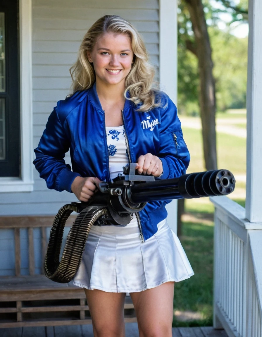 photo realistic , beautiful 21 year old blonde woman, holding with both hands a M124 minigun, aiming gun at camera, smiling, full body in frame, smirking, full body image, two tone royal blue and white satin bomber jacket fully zipped, , satin cheerleader skirt, , walking up to a front porch in a rural neighborhood,, long hair, evening lighting.