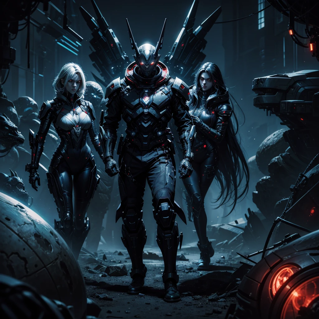 A cyber vampire in a futuristic space colony surrounded by mysterious creatures and dark and mysterious cyborgs