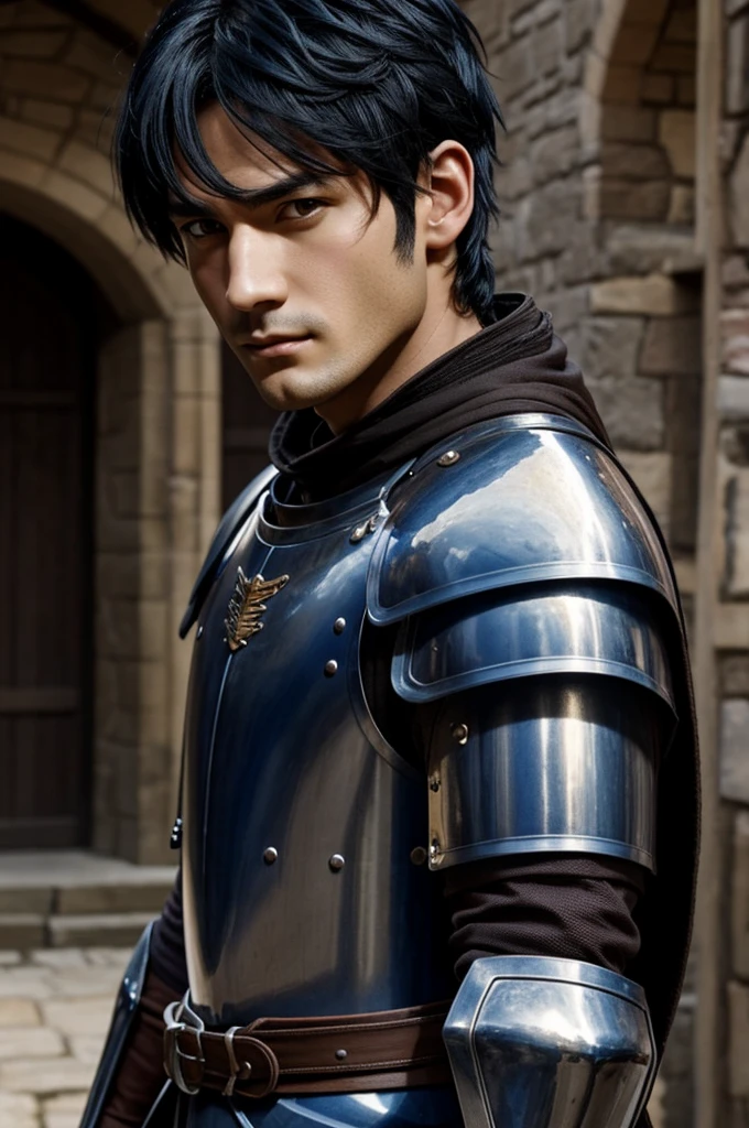 Аnime guy, , blue black hair, brown eyes, knight, Middle Ages