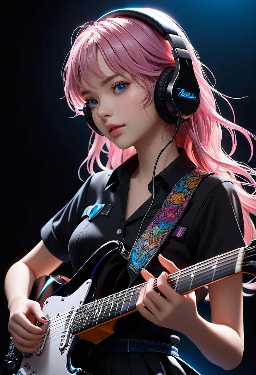 1girl, ((Movie Light)) Colorful, super detailed. incredible light complicated details Best quality (8k uniform CG wallpapers, very detailed, masterpieces, best quality Awesome details Best shadow) (Background detail: 1.4) (Beautifully detailed face Eyes with beautiful details) High contrast (best lighting Extremely delicate beauty) (Girl: 1.5) Solo, black dress, blue eyes, electric guitar, guitar, headphones, holding, holding a pick, musical instrument, long hair, music, upturned pink hair, playing the guitar Pleated skirt, black shirt, interior ((corrosive)), dynamic angles, beautiful details that shine, full body, jeans lenses,(((black background)))