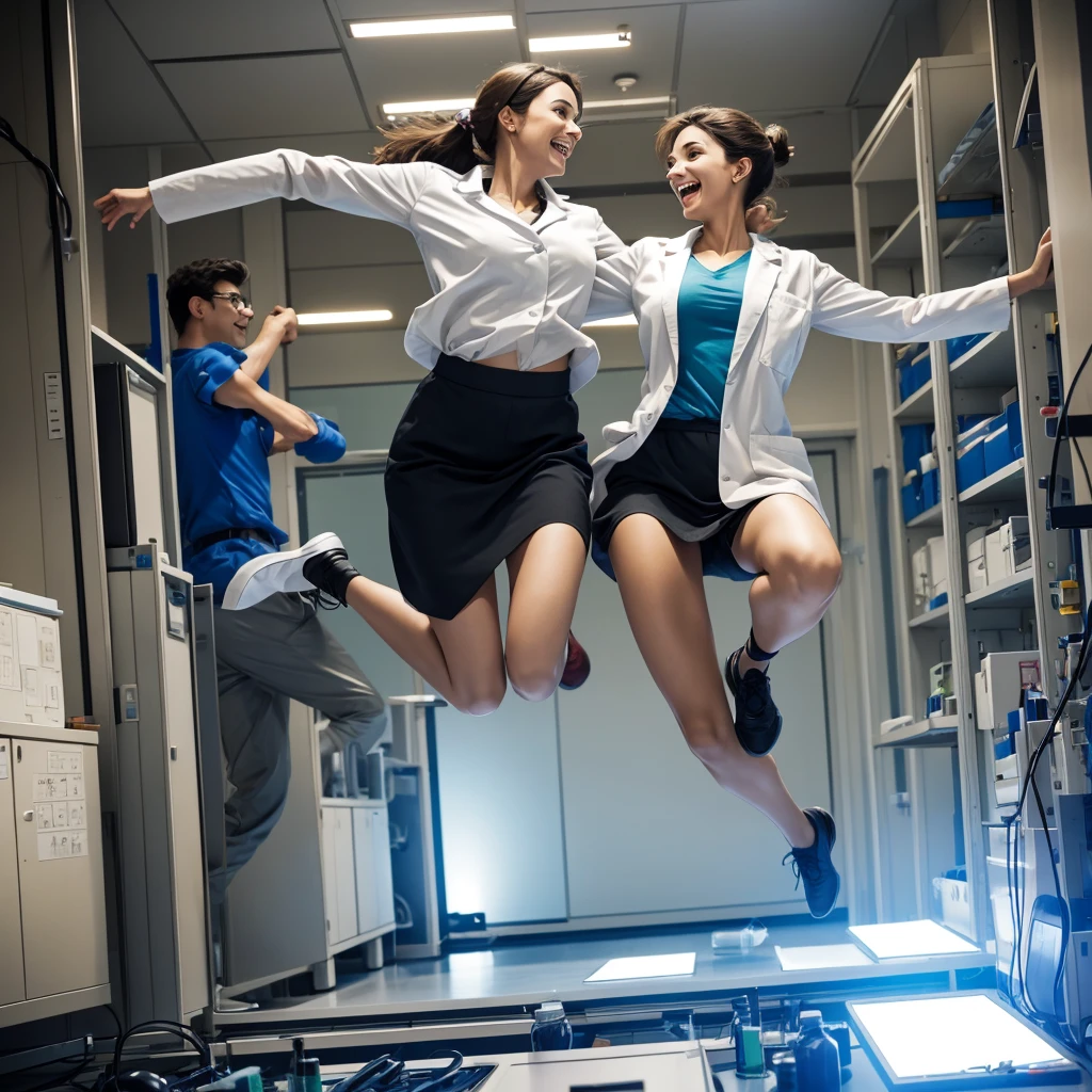Male and female Scientists in lab are happy and jumping  as they achieve success and dancing too in the hall