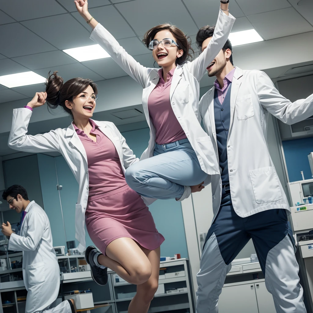 Male and female Scientists in lab are happy and jumping as they achieve success and dancing too in the hall