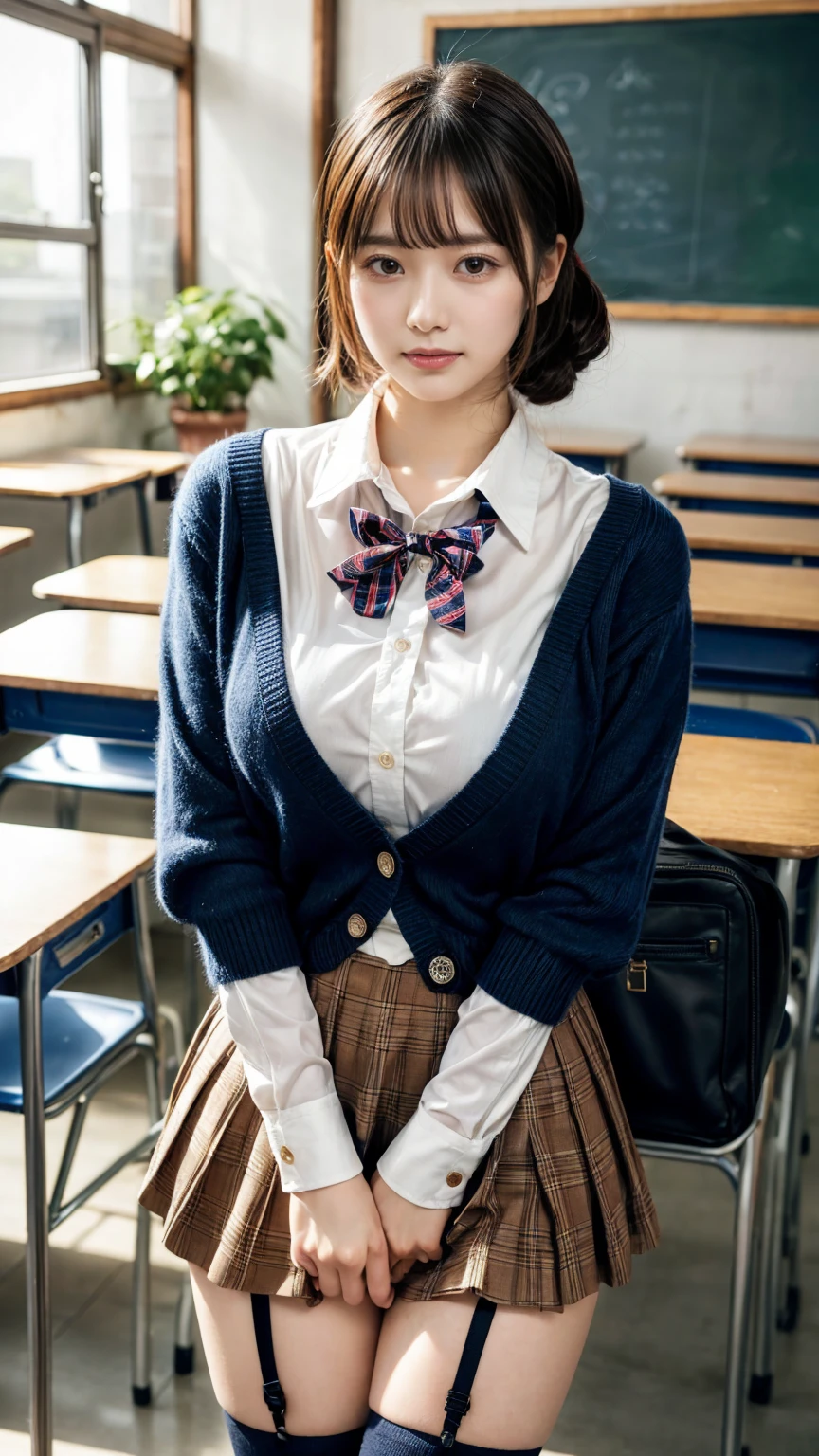 masterpiece, best quality, illustration, Super detailed, fine details, High resolution, 8K,wall paper, perfect dynamic composition,(Details High quality, realistic depiction of eyes:1.3), High School Classroom、High school girl uniform、Cardigan、Super Short Check Uniform Skirt、Navy blue high socks、garterbelts、Colossal tits、Disturbed uniform、short hair, (updo), black hair color, Big Natural Color Lip, bold sexy pose, (perfect body shape), crying a little、Harajuku style、20 year old girl、cute type, beautiful legs, hposing Gravure Idol, Voluptuous thighs