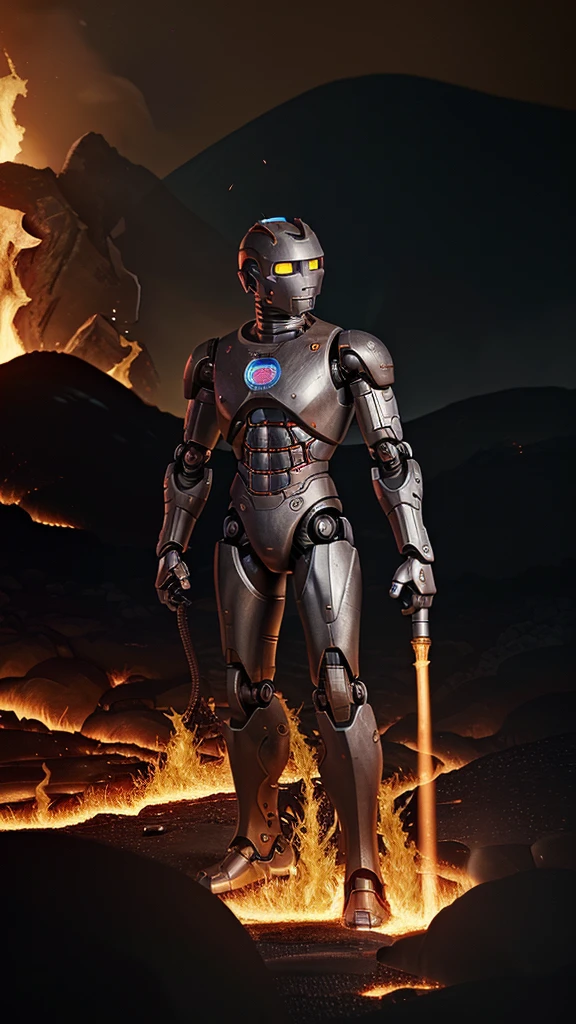A fully human man with a robotic arm and a whip in his hand to use as a weapon and all this in a world surrounded by fire and lava 