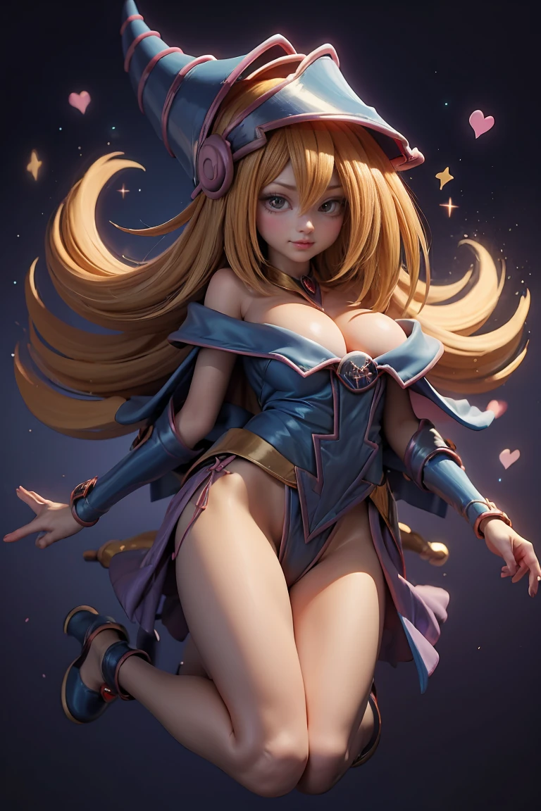 (Masterpiece:1.2), (The best quality:1.2), perfect lighting, Dark Magician Girl casting a spell, floating in the air, big tits, neckline, magic background. Transparent hearts in the air, blue robe, big hat, From above, sparkles, Yugioh Card in the background. In heels and a bikini