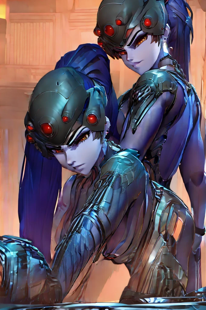 Widowmaker, sexy female with purple skin and dark blue hair, stockings, muscle