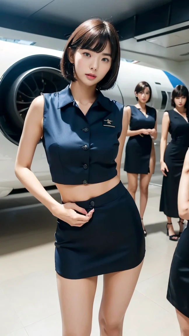(((sexy crop dark blue flight attendant uniform with heels))) (((half body three girl foto))), detailed skin, ((asia white skin color)), detailed skin, big breasts, slim body, gigantic breasts, Slim Waist, 4K resolution,((pursed lips)) (((short hair BLACK silky bangs thick hairstyle))) ((white skin)) ((extremely detailed face)) ((extremely detailed eyes)) (((sexy body pose))) ((outdoor background at luxury plane, passangers etc)) (((looked on camera))) look camera, ((sixpack woman)) ((model posture)), face extremely detailed, full body color photo of a 22 y.o girl, beautiful face, beautiful eyes, ((skin details, high texture)), hand fix, finger fix, nails fix, realistic hand wrinkles, realistic eyes, octane render, simetris eyes.