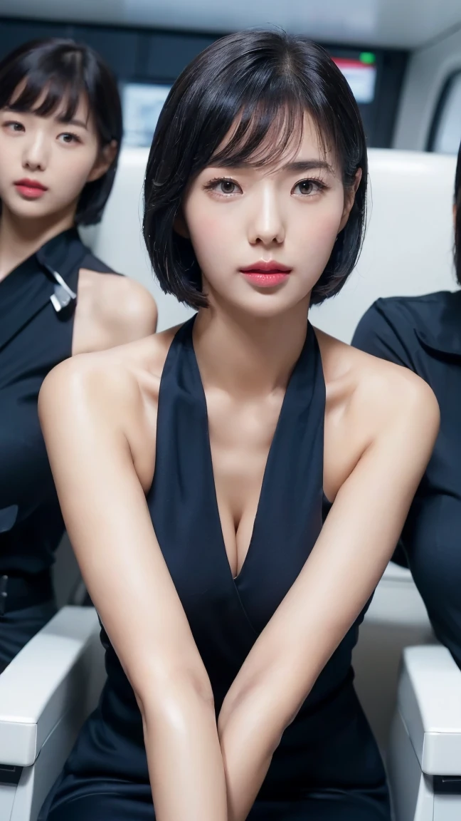 (((sexy crop dark blue flight attendant uniform with heels))) (((half body three girl foto))), detailed skin, ((asia white skin color)), detailed skin, big breasts, slim body, gigantic breasts, Slim Waist, 4K resolution,((pursed lips)) (((short hair BLACK silky bangs thick hairstyle))) ((white skin)) ((extremely detailed face)) ((extremely detailed eyes))  (((sexy body pose)))  ((outdoor background at luxury plane, passangers etc)) (((looked on camera))) look camera, ((sixpack woman)) ((model posture)), face extremely detailed, full body color photo of a 22 y.o girl, beautiful face, beautiful eyes,  ((skin details, high texture)), hand fix, finger fix, nails fix, realistic hand wrinkles, realistic eyes, octane render, simetris eyes.