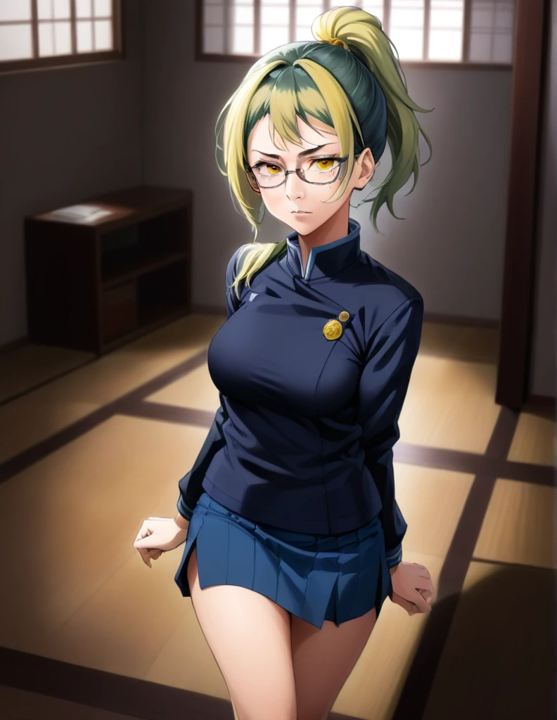 score_9, score_8_up, score_7_up, source_anime,
MakiZenin, Maki Zenin, green ponytail hair, glasses, yellow eyes,
blue tight skirt, blue tight jacket, jujutsu kaisen uniform,
indoors, dojo, seductive pose,
solo, looking at viewer, 