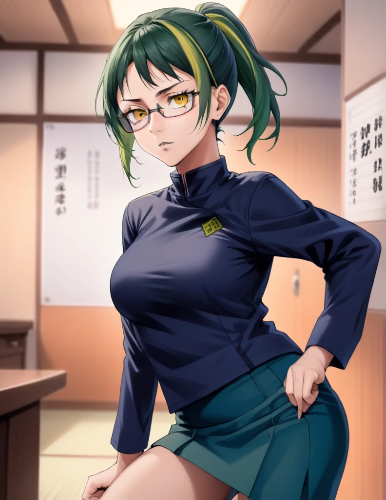 score_9, score_8_up, score_7_up, source_anime,
MakiZenin, Maki Zenin, green ponytail hair, glasses, yellow eyes,
blue tight skirt, blue tight jacket, jujutsu kaisen uniform,
indoors, dojo, seductive pose,
solo, looking at viewer, 