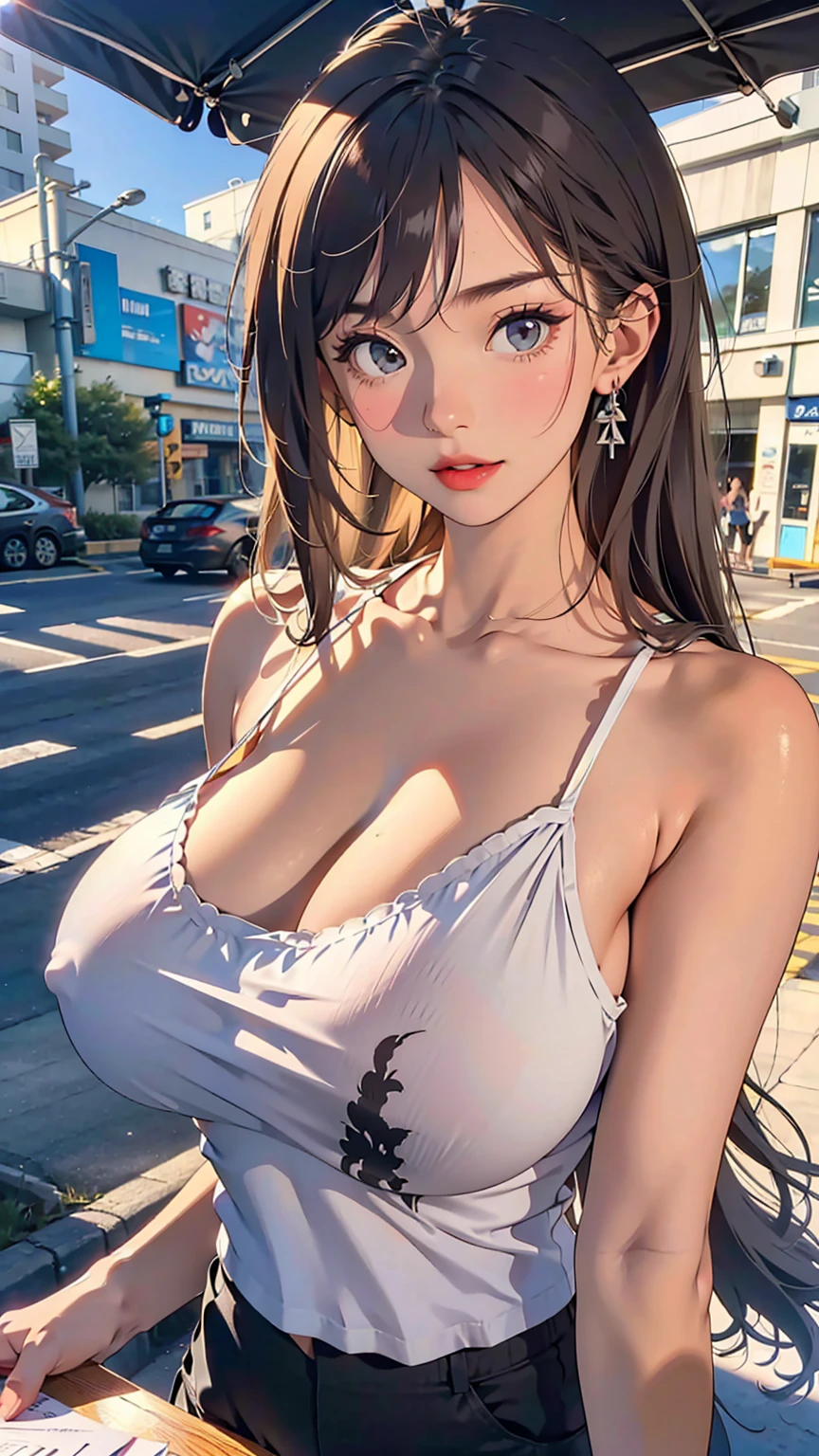 top-quality、超A high resolution、(Photorealsitic:1.4)、Crisp skin、Realistic skin texture、Model Body Type、White skin、1 girl、(thin hair, black, short, faded ash gray hair:1)、(huge-breasted:1.5)、cleavage, looking at viewert、a closeup、Upper body photo、((Tight camisole, White camisole, silk camisole)), Outdoor、((slouch, Showing off her breasts)),