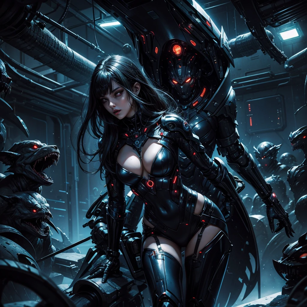 A cyber sexy girl vampire in a futuristic space colony surrounded by mysterious creatures and dark and mysterious cyborgs
