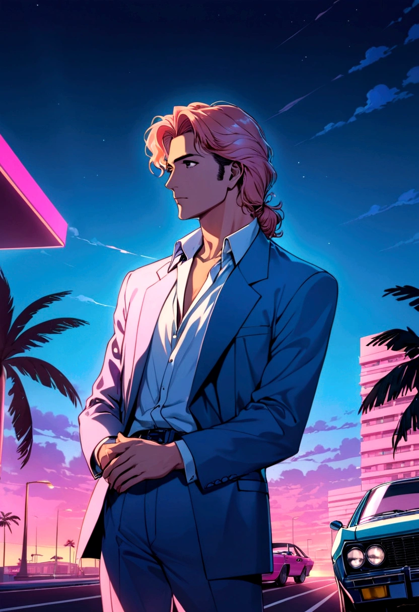 miami nights miami vice person alone sunet retro anime 80s air tonight СМОТРИТ В ДАЛЬ И КУРИТ КРАСИВЫЙ ПЕЙЗАЖ БУДРИСУНОК