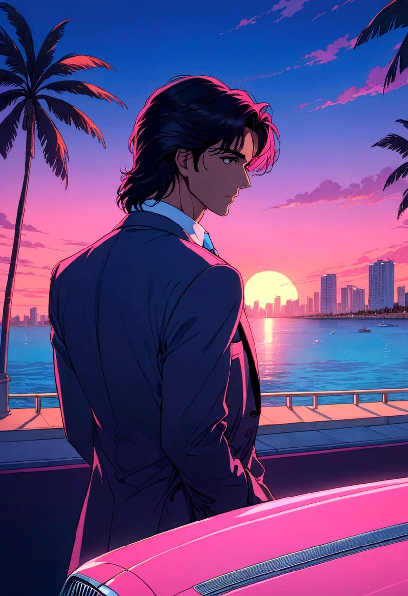 miami nights miami vice person alone sunet retro anime 80s air tonight СМОТРИТ В ДАЛЬ И КУРИТ КРАСИВЫЙ ПЕЙЗАЖ БУДРИСУНОК