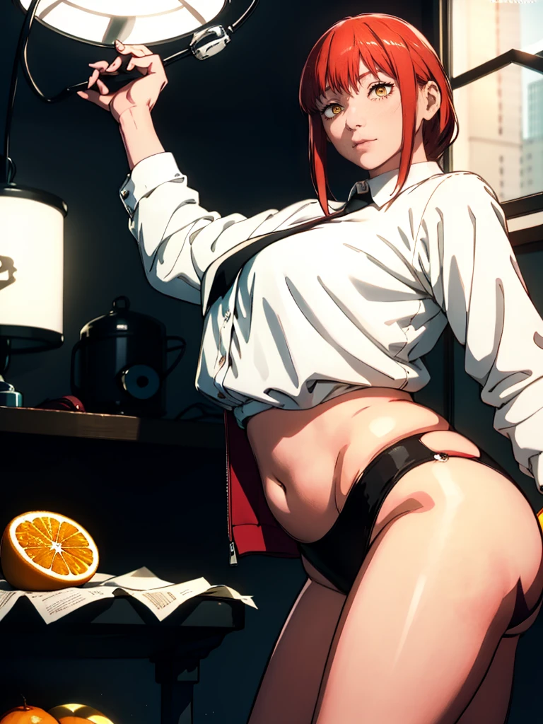 Le personnage Makima de la série animée Chainsaw Man, fragile, obésité morbide, ssbbw, pleine longueur (corps entier 1.1.), fond sombre, obscurité, anatomie correcte 1.1, anatomie correcte de la main, Très féminin, corps gras et rond, grosses Jambes, fesses, beau corps obèse, ventre rond et mou très gras, ventre énorme et gras, tres grosse, obésité, cheveux roux, Yeux oranges, Cercles rouges pour les écoliers, chemise blanche, jupe noire, cravate noire, pose sexy, réaliste, very détaillé, beau corps, détaillé body, détaillé hands, détaillé, vibrant, détaillé Face, Conception des personnages de Makima. very détaillé, détaillé body, détaillé hands, détaillé Face, Art animé, Hugh Détails, Visage très abattu, détaillé eyes, Illustration ultra fine, Meilleure ombre, détail fin, beautiful détaillé glow, beautiful détaillé, Extraordinairement beau, extremely détaillé, inexpressif, composition épique, Style animé. art animé, Style animé. Jupe noire, chemise blanche, cravatte, pose sexy