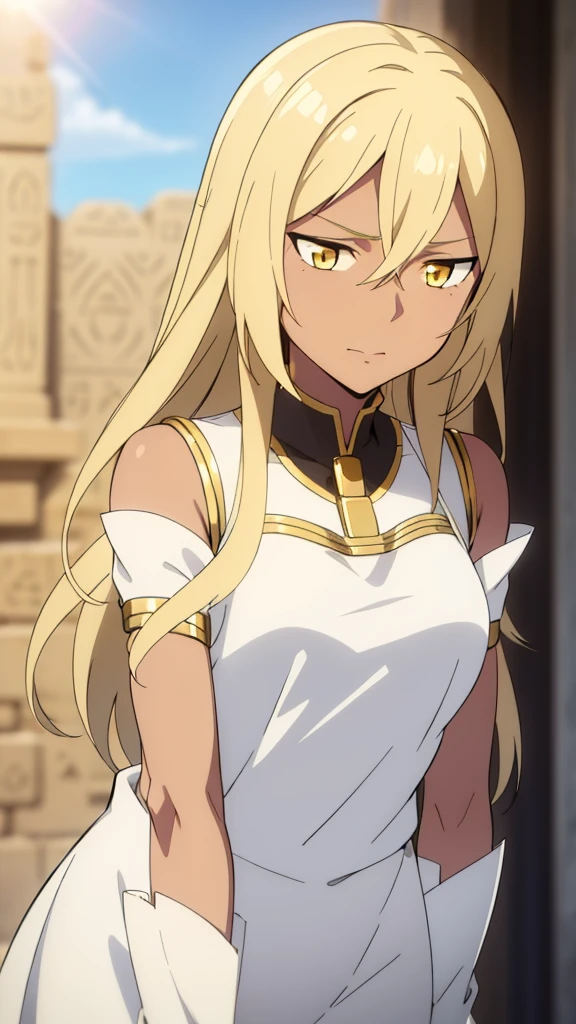 (1girl ,solo,20s,mature female),blonde hair,long hair,cat ears,yellow eyes,(((dark skin))),(Egypt, blue sky, sun),white egypt oufit,bare shoulders,upper body