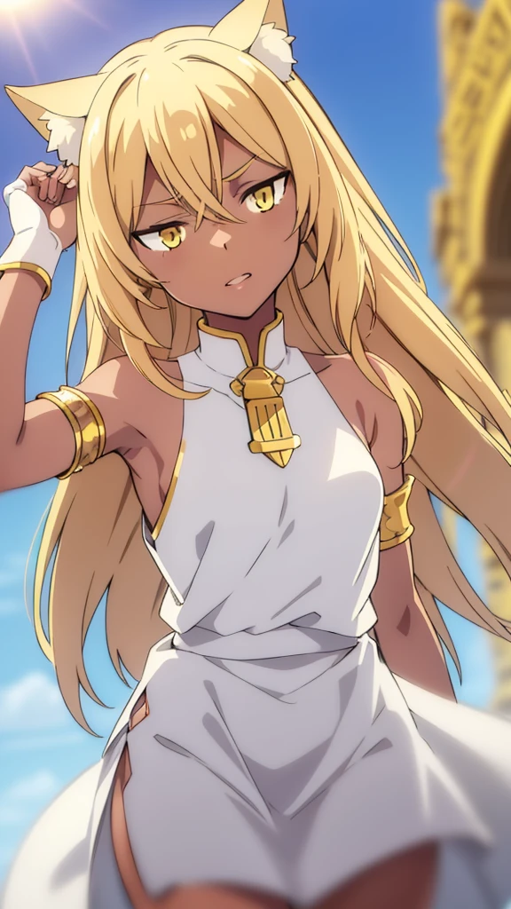 (1girl ,solo,20s,mature female),blonde hair,long hair,cat ears,yellow eyes,(((dark skin))),(Egypt, blue sky, sun),white egypt oufit,bare shoulders,upper body