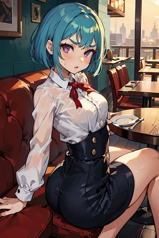 Young girl with blue hair,short straight hair and short bangs (purple eyes),, ((small bushy eyebrows)), wearing gothic lolita clothing, lolicon , large breast, breasts out of blouse, walking to school, bored look, bored face, , suddenly having sex in public, ((doggy style sex)), ((public sex in a restaurant)) naked ass in the male crotch, perfect anatomy, young boy fucking her
